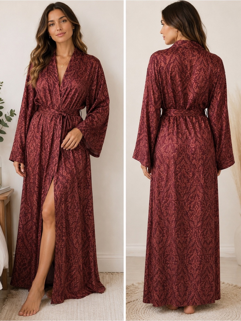 Veena 70%‎ Silk Burgundy Paisley Kimono Robe Long Hostess Dressing Gown L/XL Y2K